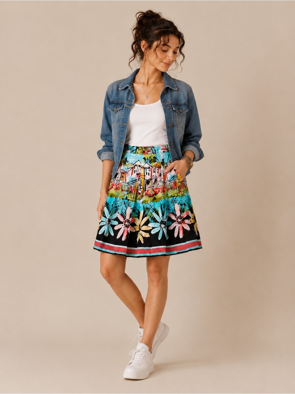 i.e Colorful‎ Cityscape Floral Pleated A-Line Skirt 6 Cottage Whimsical Spring